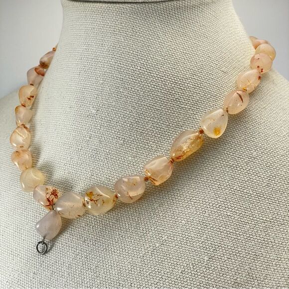 Stunning Unsigned Artisan Peach Clear Agate Beaded Statement Necklace - Picture 3 of 7